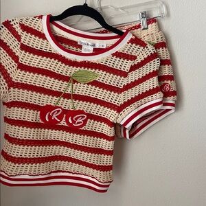 Ricki Brazil Cherry Crochet Knit Set Red Stripe Top & Shorts Size S Y2K